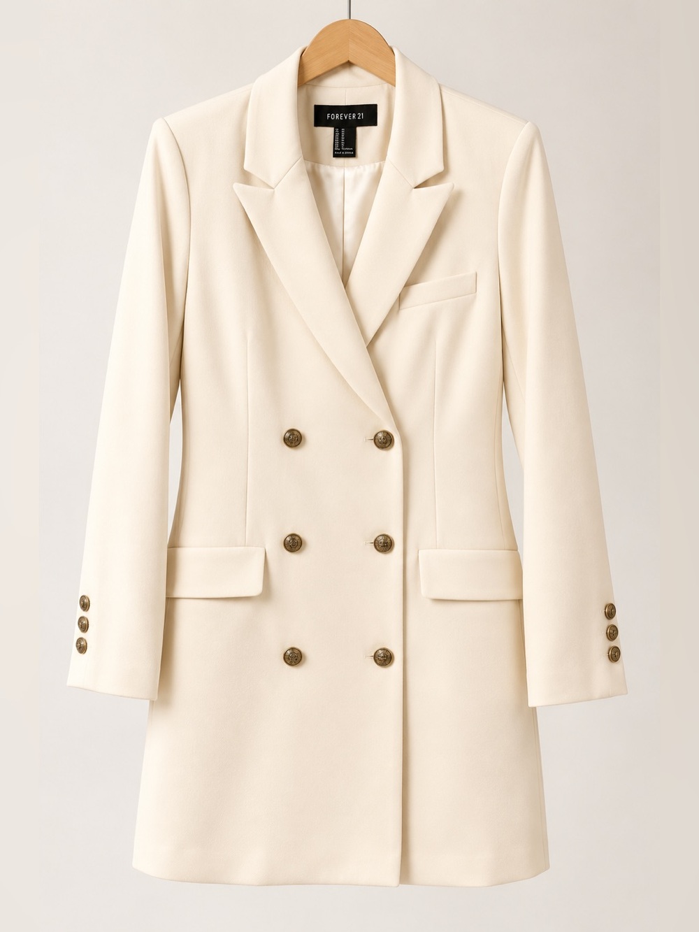 Forever 21 Ivory Double Breasted Blazer Suit Dress Gold Buttons Size M